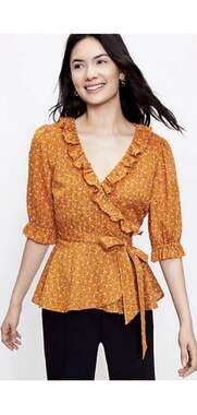 LOFT Ann Taylor Clover Ruffle Wrap Blouse XS warm orange boho chic